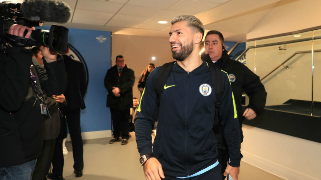 CALM BEFORE THE STORM: Sergio Aguero is all smiles ahead of Chelsea clash.
